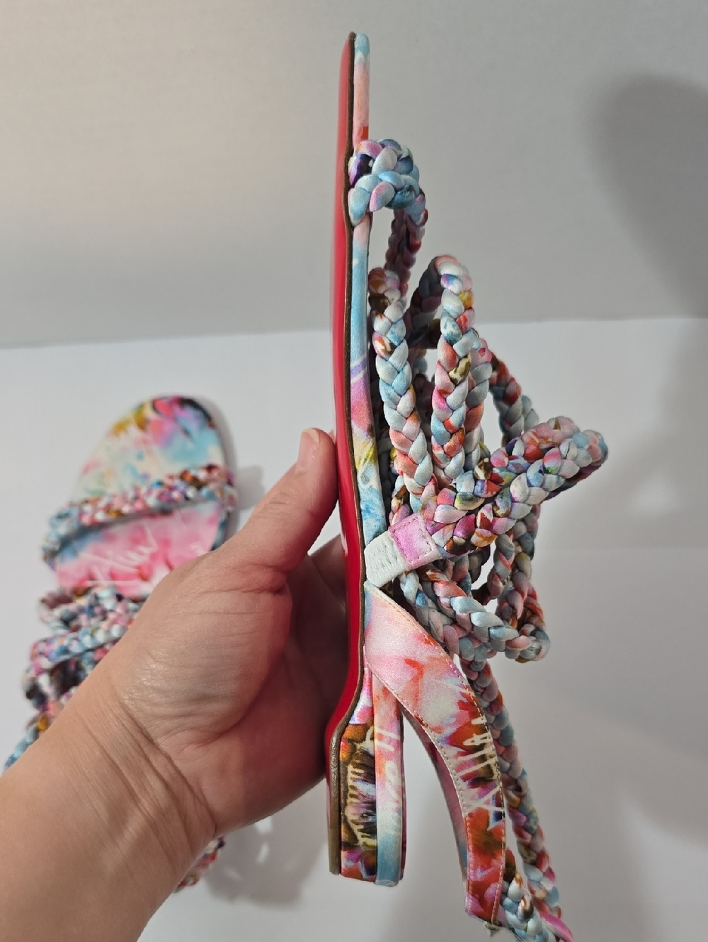 CHRISTIAN LOUBOUTIN MARYAM Multicolor Satin Braided Lace Up Sandals - Picture 13 of 16